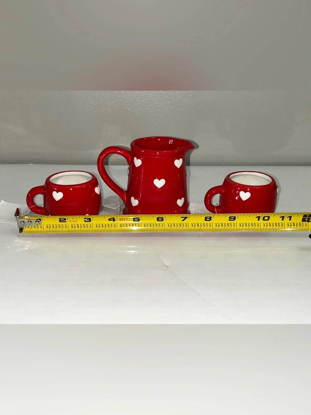 Hobby Lobby Red Ceramic Creamer & Mini Mugs Cups Set with White Hearts